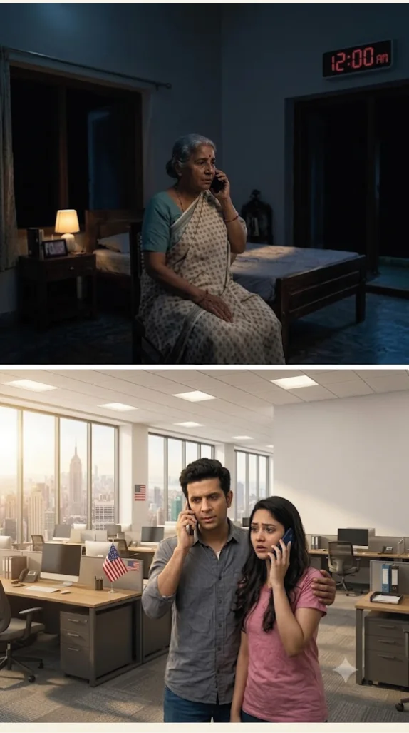 A worried mother at home, and her children worrying about her from far away