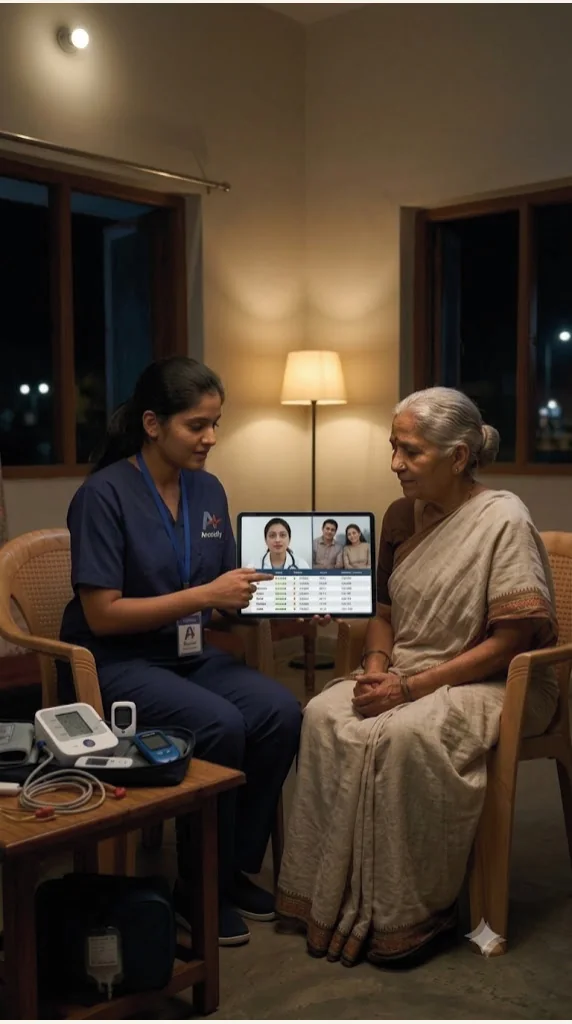 The Amaely nurse and the doctor on video check on the mother at home